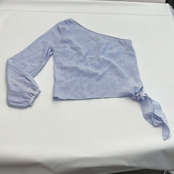 L’ Academie romantic sleeve blue & white pinstripe shirt size S - Picture 12 of 16